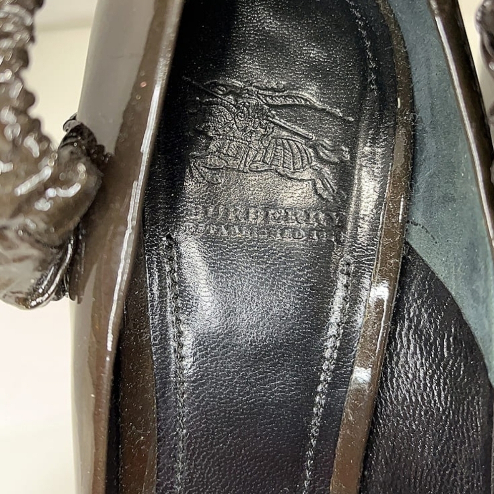 BURBERRY Brown Patnent Leather Curved Heel Peep Toe Pumps Good Condition 39 1/2 - Picture 7 of 11